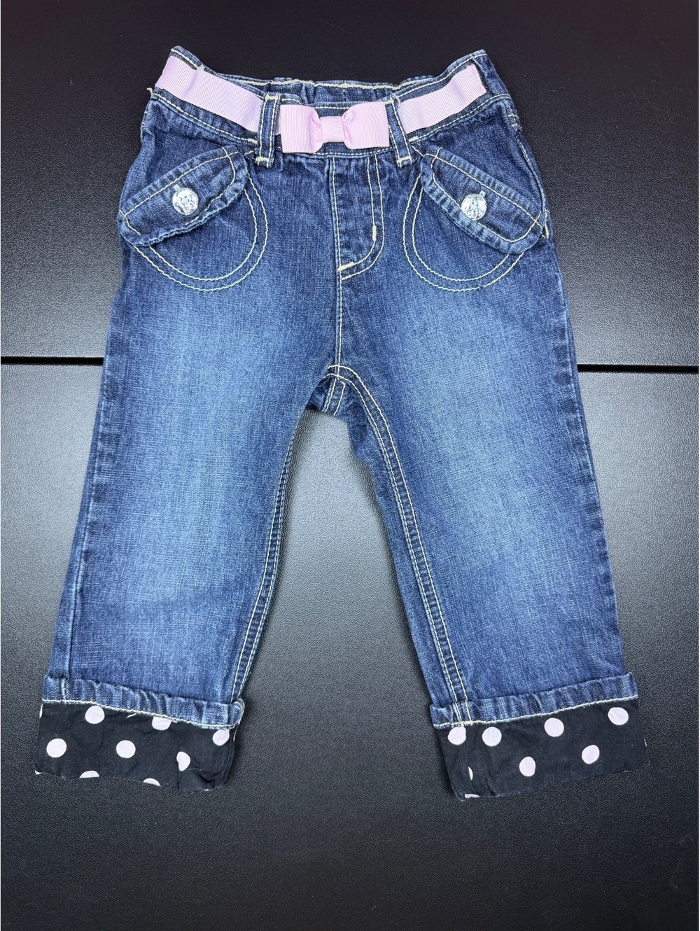 2009 Gymboree Girls Jeans 18-24M Pink Bow Polka Dot Cuff Y2K Denim